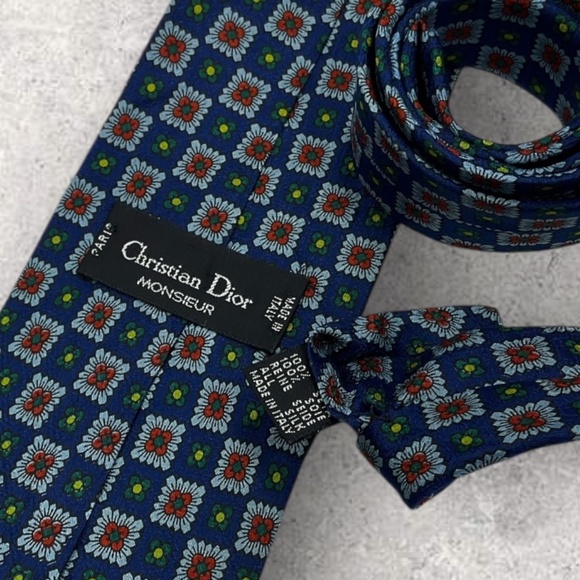 CHRISTIAN DIOR Blue/Gray Geometric Floral Silk LUXURY Tie ITALY - Picture 3 of 5